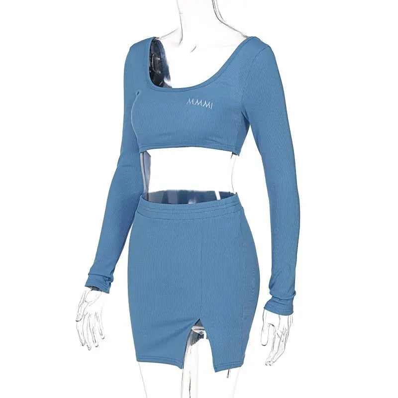 Long Sleeves Solid Navel Low Neck Bodycon Top Sexy Mini Dress Set - Blade & Thread