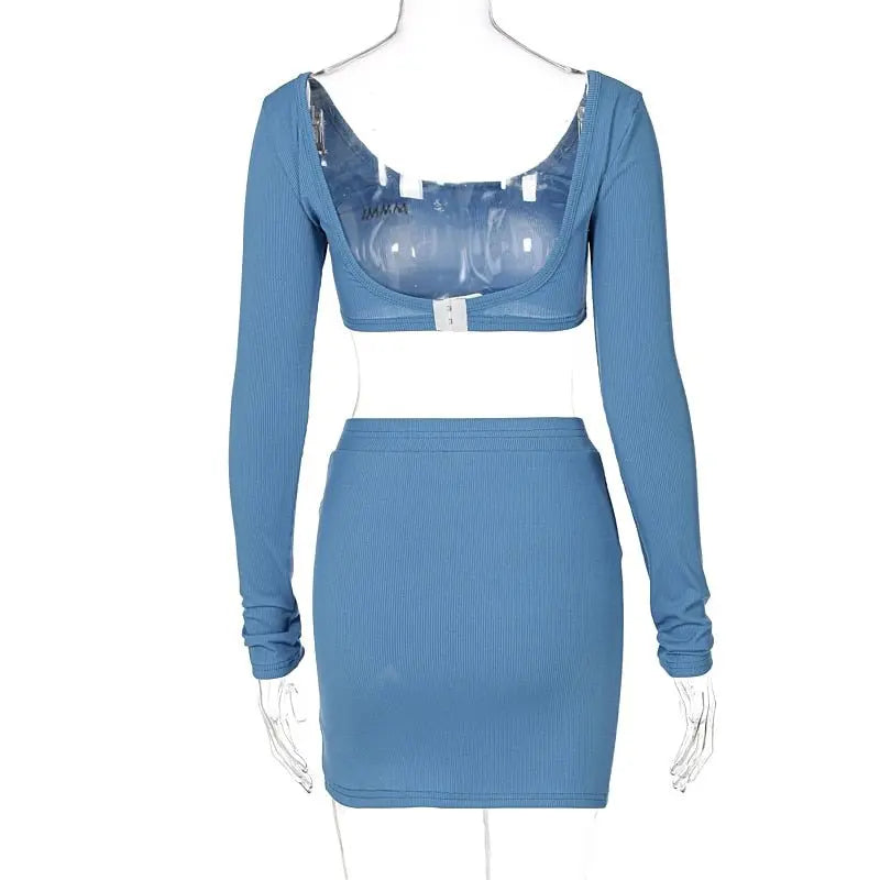 Long Sleeves Solid Navel Low Neck Bodycon Top Sexy Mini Dress Set - Blade & Thread