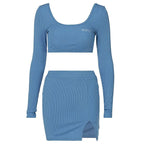 Long Sleeves Solid Navel Low Neck Bodycon Top Sexy Mini Dress Set nowadaysfashion