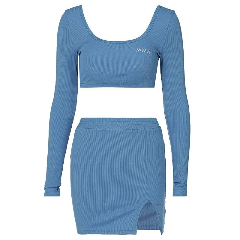 Long Sleeves Solid Navel Low Neck Bodycon Top Sexy Mini Dress Set - Blade & Thread