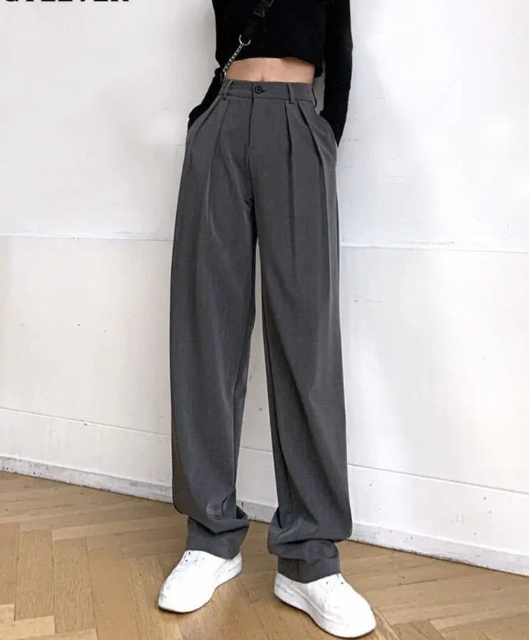 Long Suit Pants High Waist Button Women Wide Leg Trousers - Blade & Thread