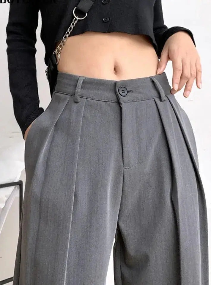 Long Suit Pants High Waist Button Women Wide Leg Trousers - Blade & Thread