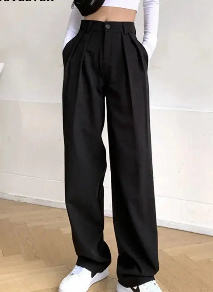 Long Suit Pants High Waist Button Women Wide Leg Trousers nowadaysfashion