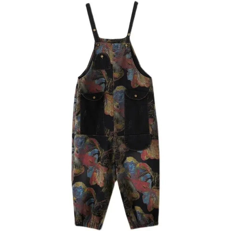 Loose Jeans Black Jumpsuit Casual Ladies Big Pockets Print Floral Denim Overalls Straps Rompers - Blade & Thread