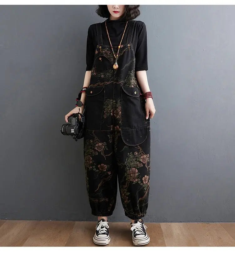 Loose Jeans Black Jumpsuit Casual Ladies Big Pockets Print Floral Denim Overalls Straps Rompers nowadaysfashion