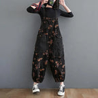 Loose Jeans Black Jumpsuit Casual Ladies Big Pockets Print Floral Denim Overalls Straps Rompers nowadaysfashion