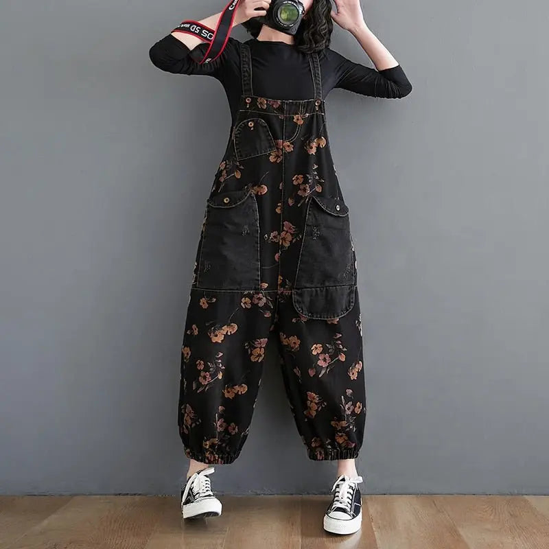 Loose Jeans Black Jumpsuit Casual Ladies Big Pockets Print Floral Denim Overalls Straps Rompers nowadaysfashion