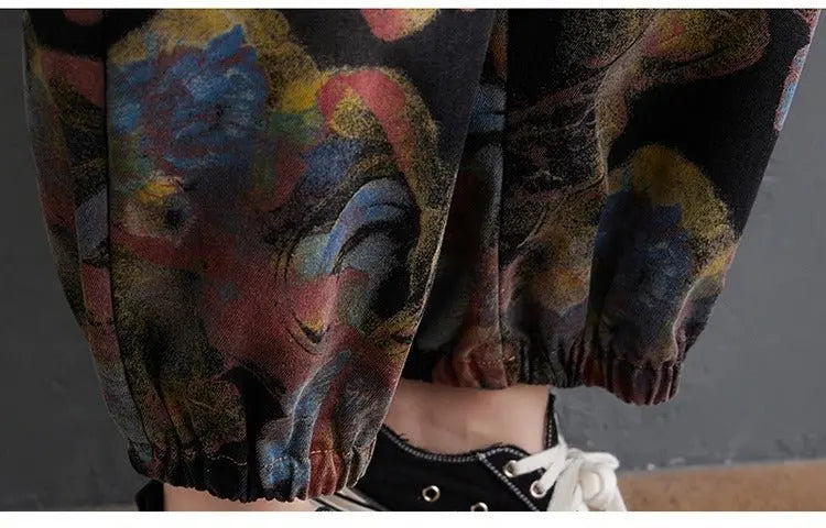 Loose Jeans Black Jumpsuit Casual Ladies Big Pockets Print Floral Denim Overalls Straps Rompers - Blade & Thread