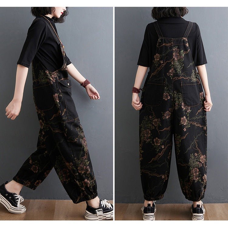 Loose Jeans Black Jumpsuit Casual Ladies Big Pockets Print Floral Denim Overalls Straps Rompers - Blade & Thread