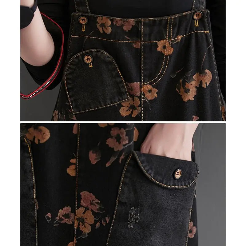 Loose Jeans Black Jumpsuit Casual Ladies Big Pockets Print Floral Denim Overalls Straps Rompers - Blade & Thread