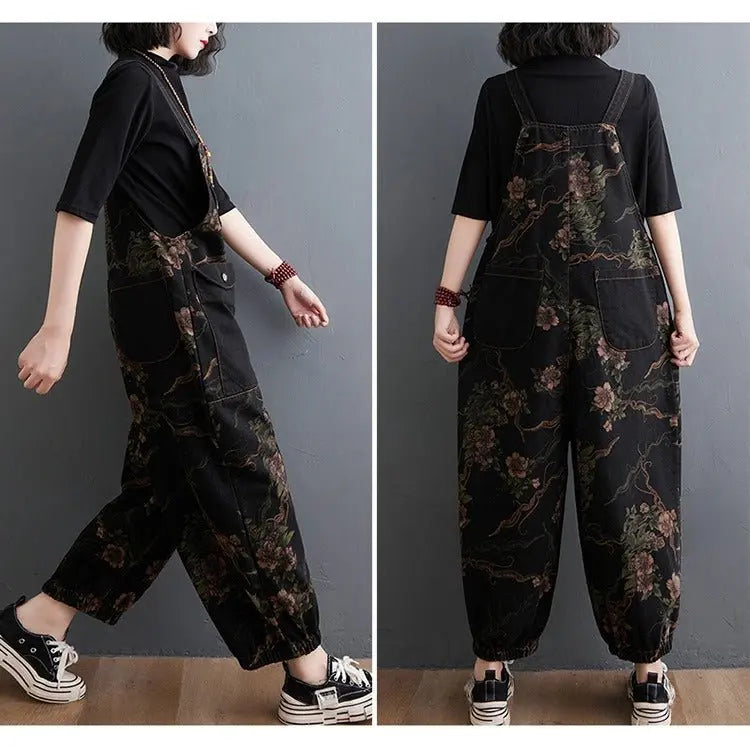 Loose Jeans Black Jumpsuit Casual Ladies Big Pockets Print Floral Denim Overalls Straps Rompers - Blade & Thread