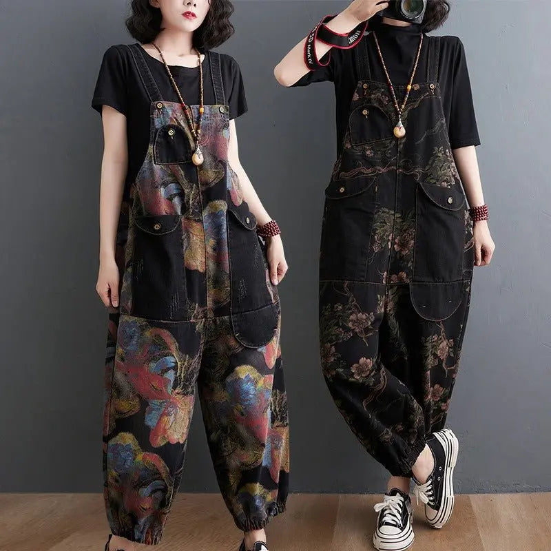 Loose Jeans Black Jumpsuit Casual Ladies Big Pockets Print Floral Denim Overalls Straps Rompers - Blade & Thread
