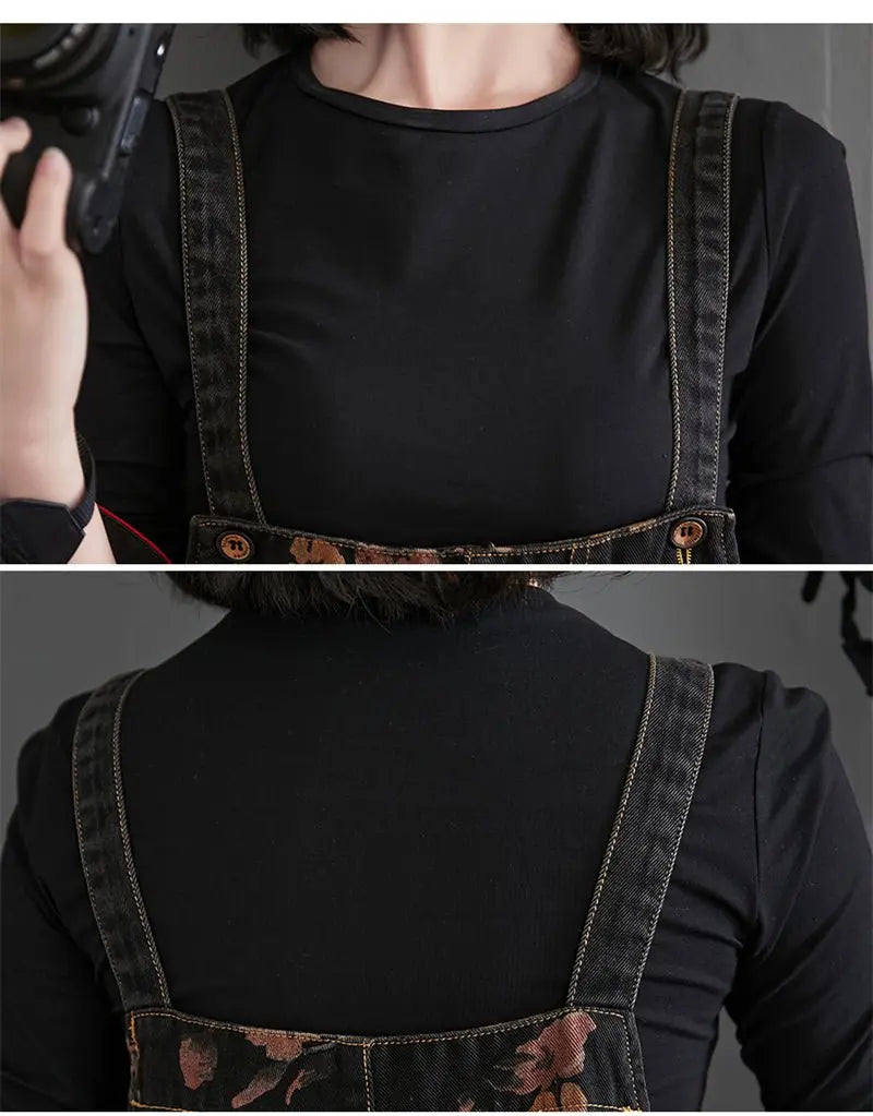 Loose Jeans Black Jumpsuit Casual Ladies Big Pockets Print Floral Denim Overalls Straps Rompers - Blade & Thread