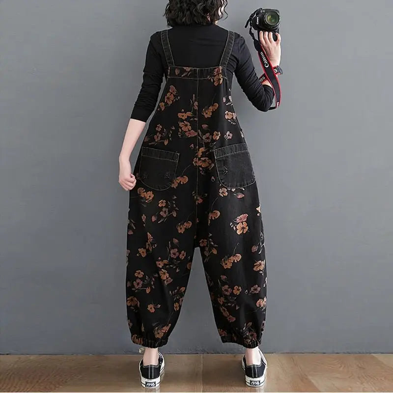 Loose Jeans Black Jumpsuit Casual Ladies Big Pockets Print Floral Denim Overalls Straps Rompers - Blade & Thread