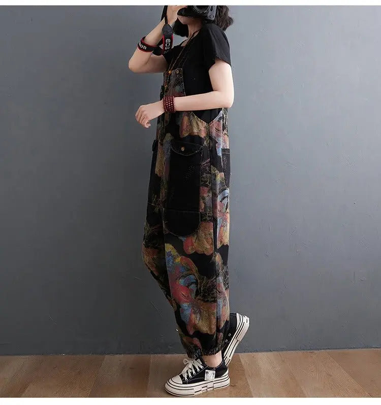 Loose Jeans Black Jumpsuit Casual Ladies Big Pockets Print Floral Denim Overalls Straps Rompers - Blade & Thread