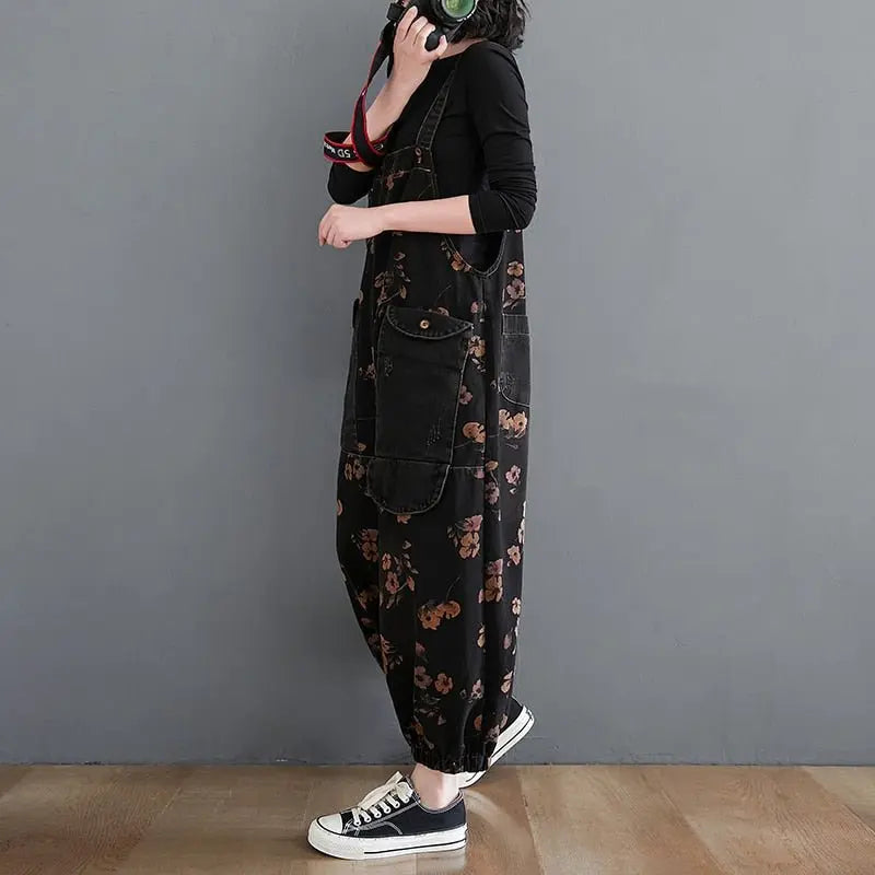 Loose Jeans Black Jumpsuit Casual Ladies Big Pockets Print Floral Denim Overalls Straps Rompers - Blade & Thread