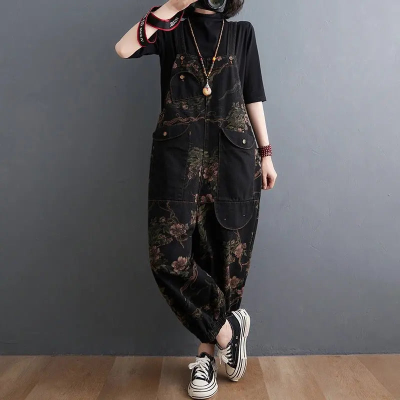 Loose Jeans Black Jumpsuit Casual Ladies Big Pockets Print Floral Denim Overalls Straps Rompers - Blade & Thread