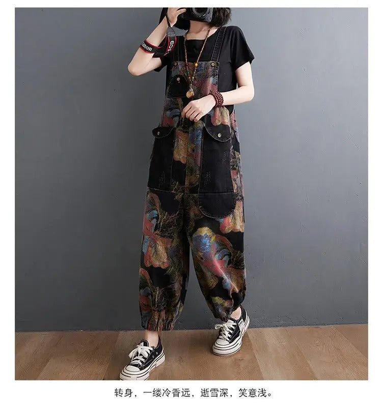 Loose Jeans Black Jumpsuit Casual Ladies Big Pockets Print Floral Denim Overalls Straps Rompers - Blade & Thread