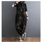 Loose Jeans Black Jumpsuit Casual Ladies Big Pockets Print Floral Denim Overalls Straps Rompers nowadaysfashion