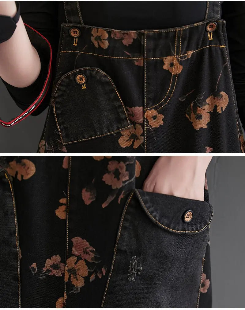 Loose Jeans Black Jumpsuit Casual Ladies Big Pockets Print Floral Denim Overalls Straps Rompers - Blade & Thread