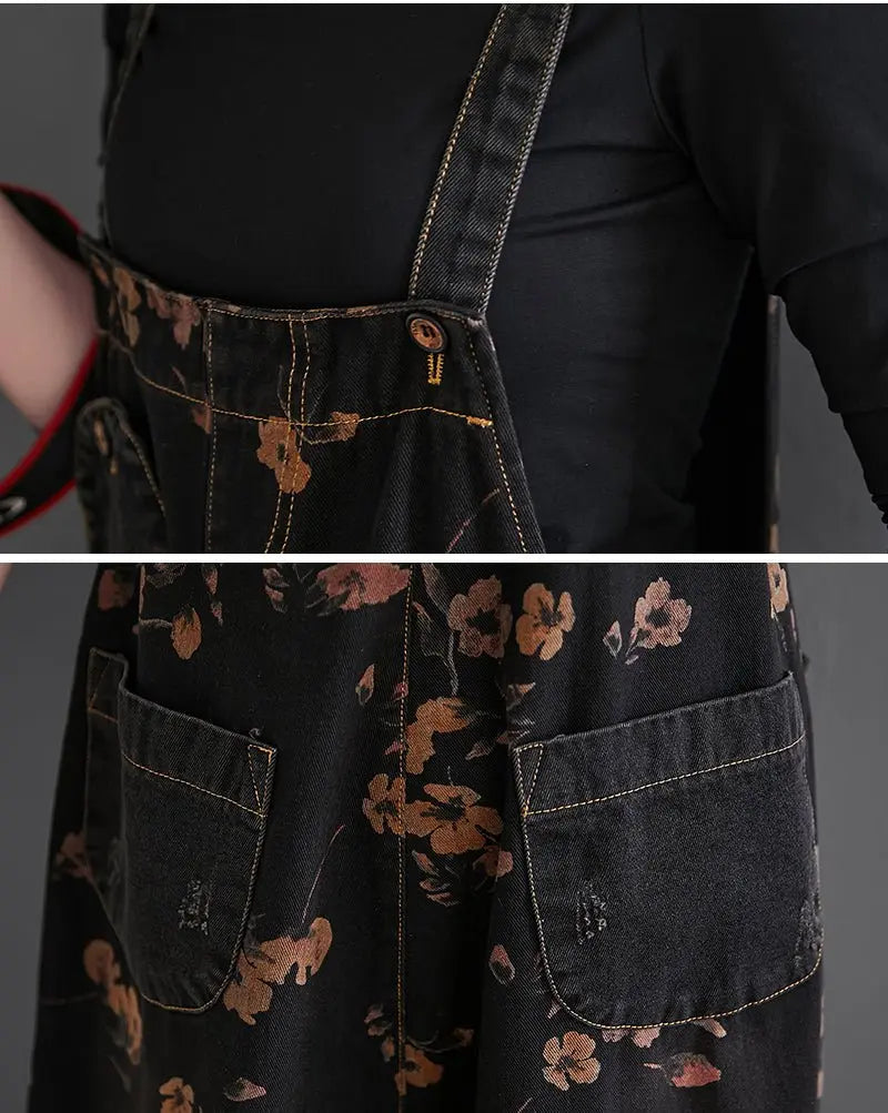 Loose Jeans Black Jumpsuit Casual Ladies Big Pockets Print Floral Denim Overalls Straps Rompers nowadaysfashion
