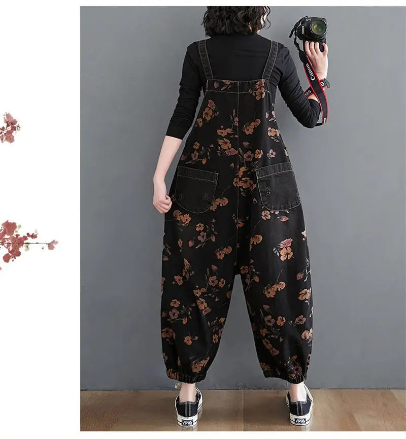 Loose Jeans Black Jumpsuit Casual Ladies Big Pockets Print Floral Denim Overalls Straps Rompers nowadaysfashion