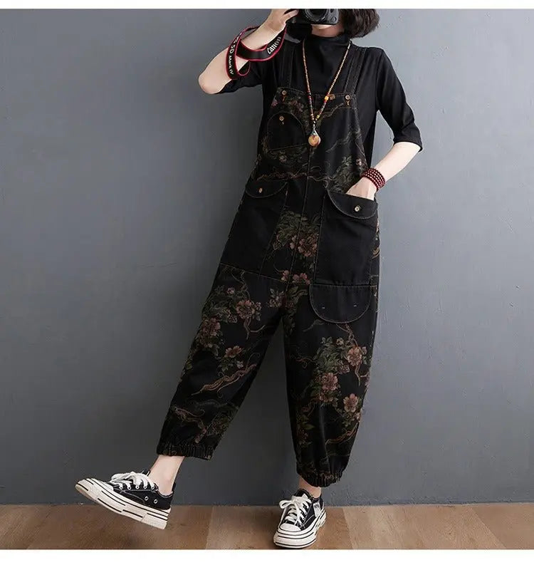 Loose Jeans Black Jumpsuit Casual Ladies Big Pockets Print Floral Denim Overalls Straps Rompers - Blade & Thread