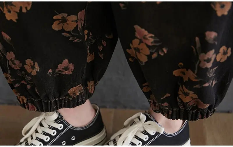Loose Jeans Black Jumpsuit Casual Ladies Big Pockets Print Floral Denim Overalls Straps Rompers - Blade & Thread
