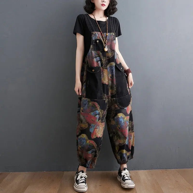 Loose Jeans Black Jumpsuit Casual Ladies Big Pockets Print Floral Denim Overalls Straps Rompers nowadaysfashion