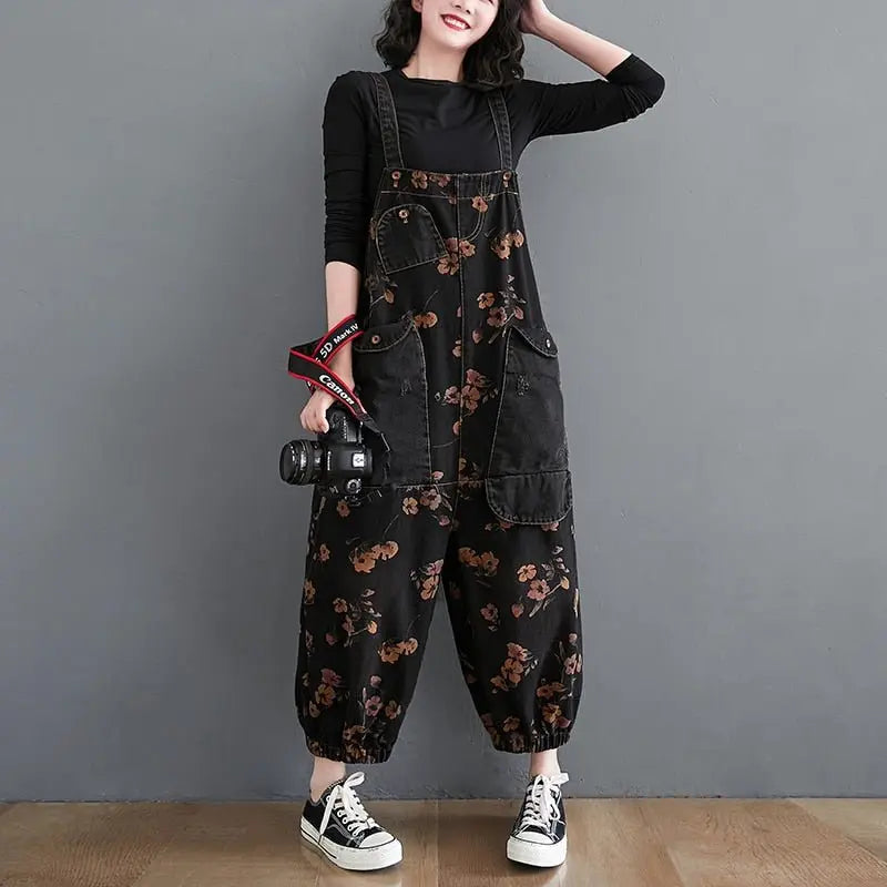 Loose Jeans Black Jumpsuit Casual Ladies Big Pockets Print Floral Denim Overalls Straps Rompers - Blade & Thread