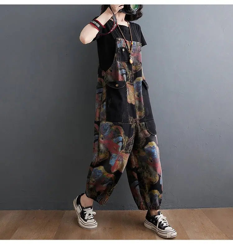 Loose Jeans Black Jumpsuit Casual Ladies Big Pockets Print Floral Denim Overalls Straps Rompers nowadaysfashion