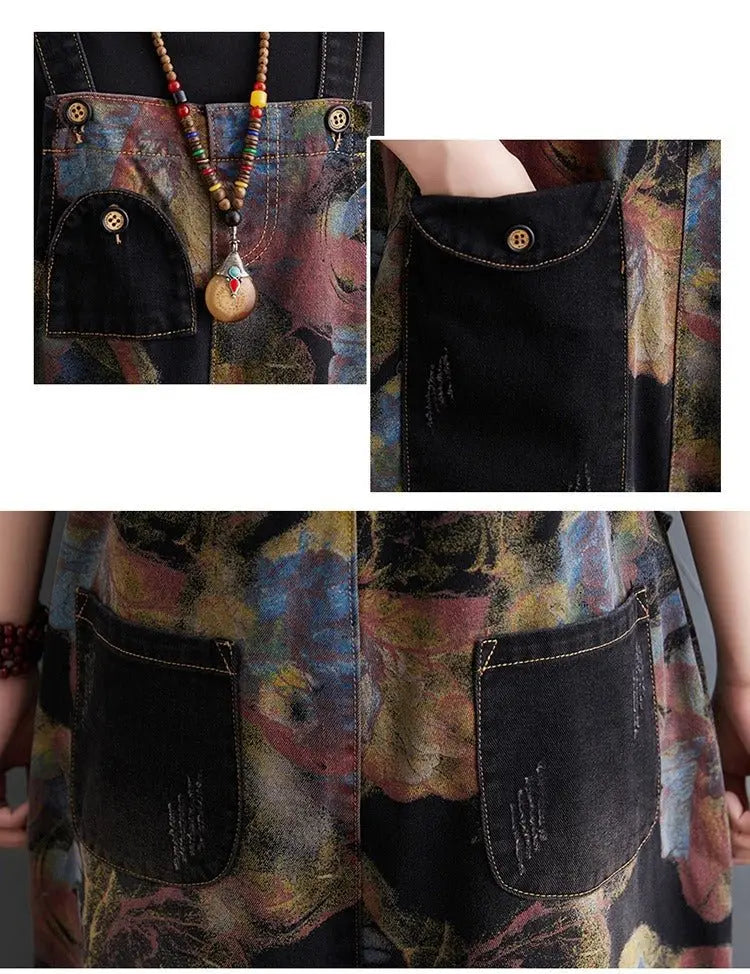 Loose Jeans Black Jumpsuit Casual Ladies Big Pockets Print Floral Denim Overalls Straps Rompers nowadaysfashion