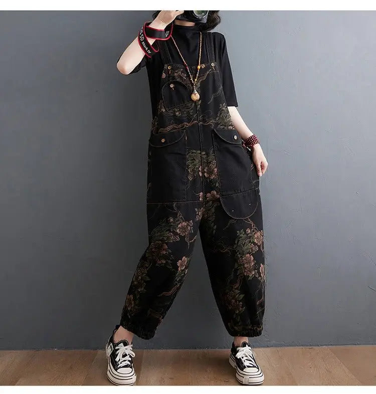 Loose Jeans Black Jumpsuit Casual Ladies Big Pockets Print Floral Denim Overalls Straps Rompers - Blade & Thread