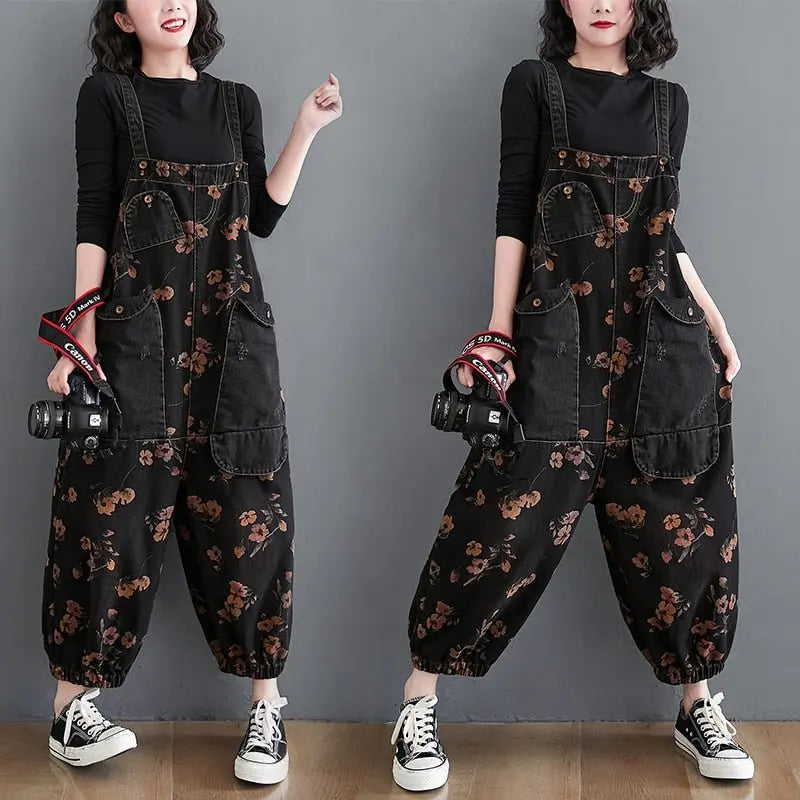 Loose Jeans Black Jumpsuit Casual Ladies Big Pockets Print Floral Denim Overalls Straps Rompers - Blade & Thread