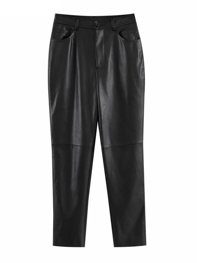 Loose Pockets Women PU Leather Trousers High Waist Single Button Ladies Straight Pants - Blade & Thread