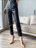 Loose Pockets Women PU Leather Trousers High Waist Single Button Ladies Straight Pants nowadaysfashion