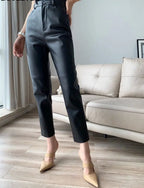 Loose Pockets Women PU Leather Trousers High Waist Single Button Ladies Straight Pants nowadaysfashion