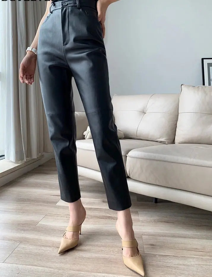Loose Pockets Women PU Leather Trousers High Waist Single Button Ladies Straight Pants nowadaysfashion
