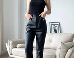 Loose Pockets Women PU Leather Trousers High Waist Single Button Ladies Straight Pants nowadaysfashion