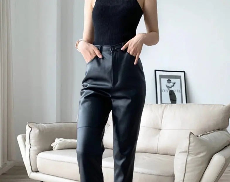 Loose Pockets Women PU Leather Trousers High Waist Single Button Ladies Straight Pants - Blade & Thread