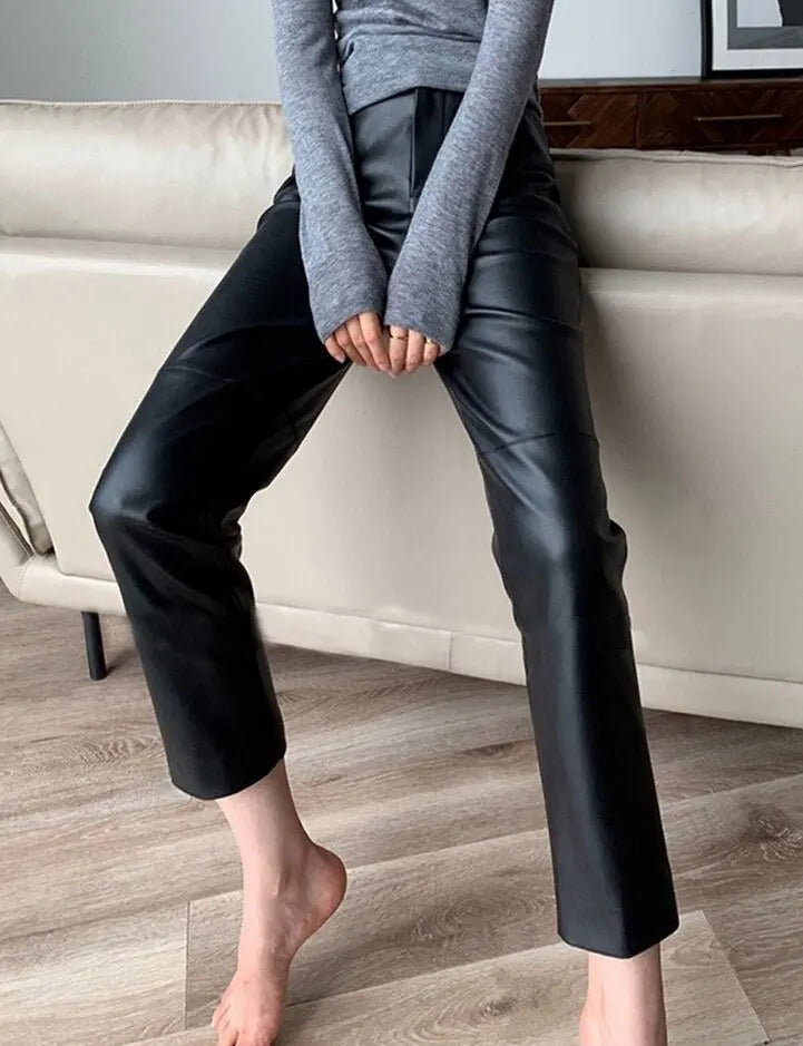 Loose Pockets Women PU Leather Trousers High Waist Single Button Ladies Straight Pants - Blade & Thread