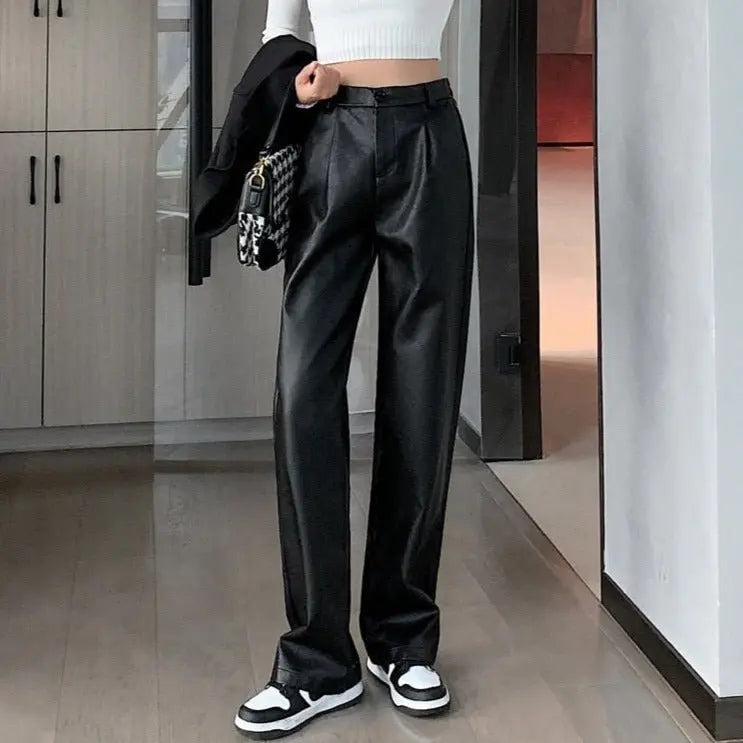 Loose PU Leather Pants Ladies High Waist Straight Faux Leather Trousers - Blade & Thread
