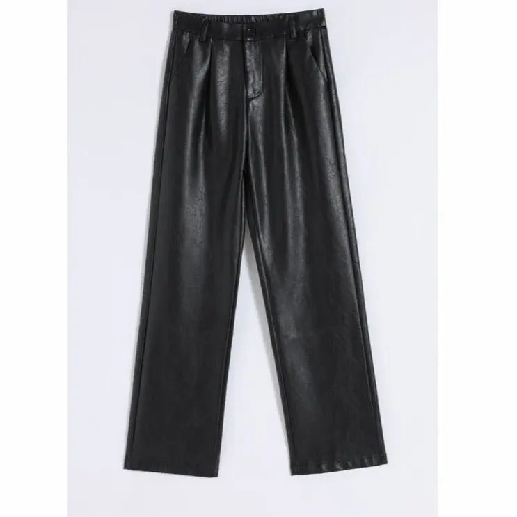 Loose PU Leather Pants Ladies High Waist Straight Faux Leather Trousers - Blade & Thread