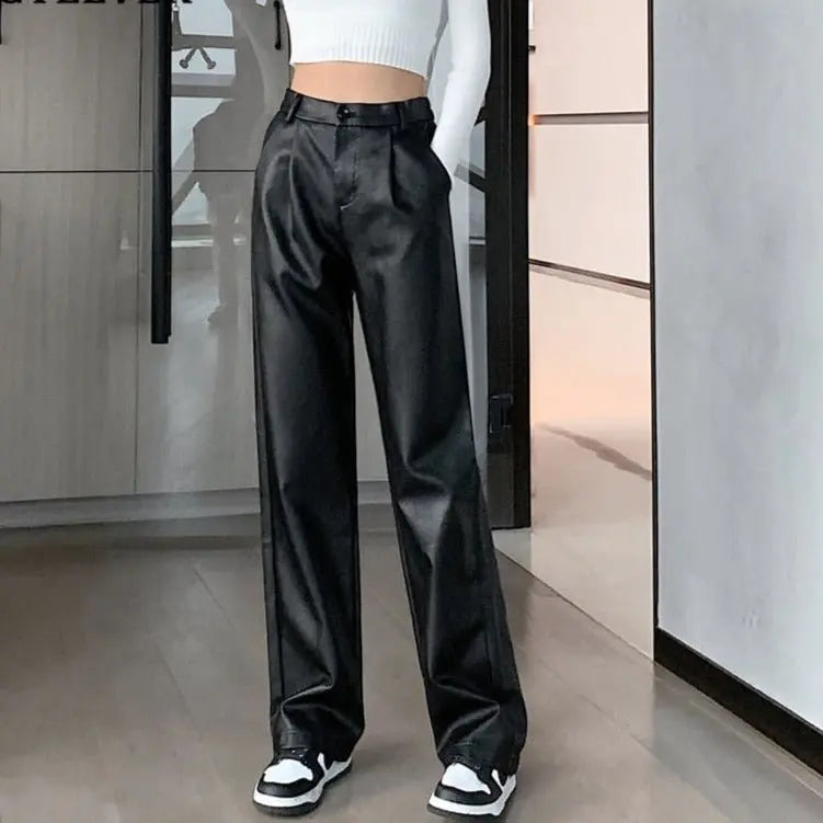 Loose PU Leather Pants Ladies High Waist Straight Faux Leather Trousers nowadaysfashion