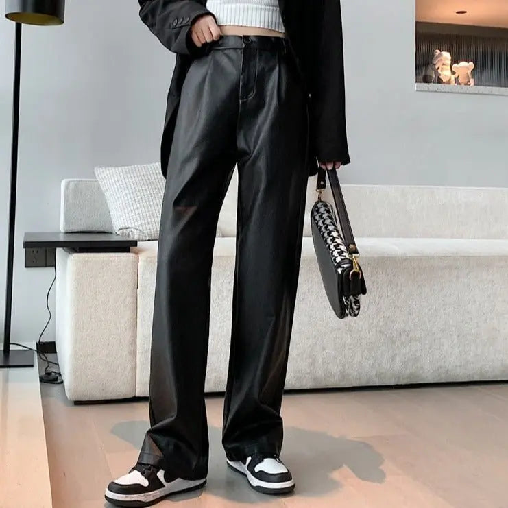 Loose PU Leather Pants Ladies High Waist Straight Faux Leather Trousers nowadaysfashion