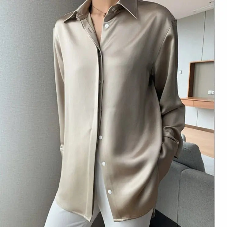 Loose Single-breasted Female Satin Shirts Tops Spring Summer Blusas - Blade & Thread