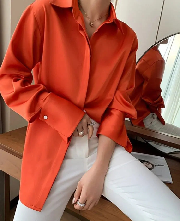 Loose Single-breasted Female Satin Shirts Tops Spring Summer Blusas - Blade & Thread