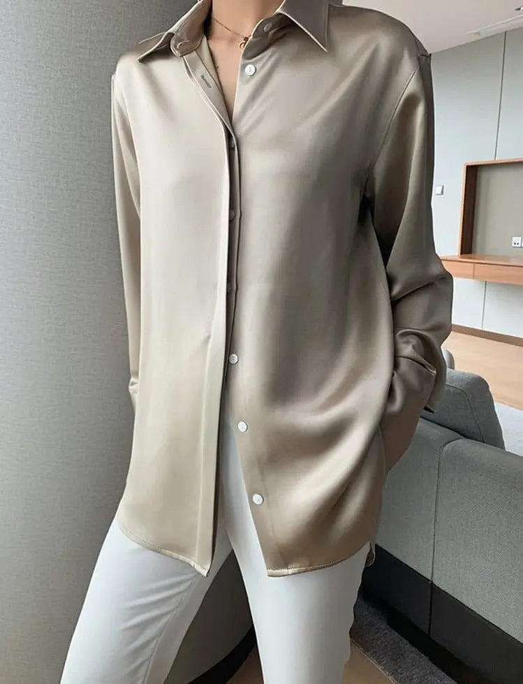 Loose Single-breasted Female Satin Shirts Tops Spring Summer Blusas nowadaysfashion