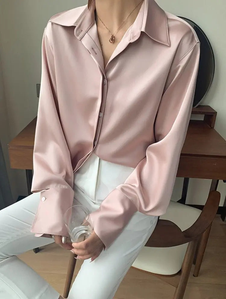 Loose Single-breasted Female Satin Shirts Tops Spring Summer Blusas nowadaysfashion