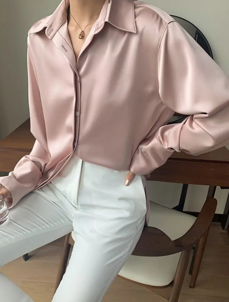 Loose Single-breasted Female Satin Shirts Tops Spring Summer Blusas nowadaysfashion
